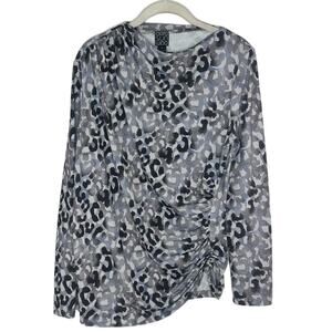 Clara Sun Woo Animal Print Top Size S Gray Black Ruched Long Sleeve Exotic Drape